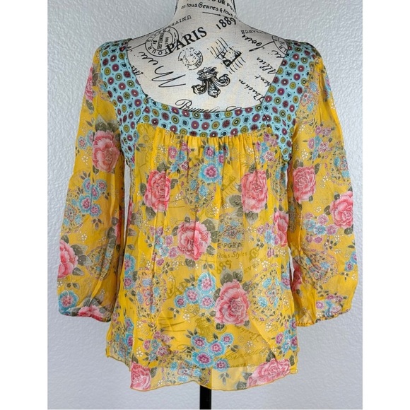 Anthropologie Anna Sui Yellow Floral Print Boho Silk Blouse, size Medium - Picture 6 of 8